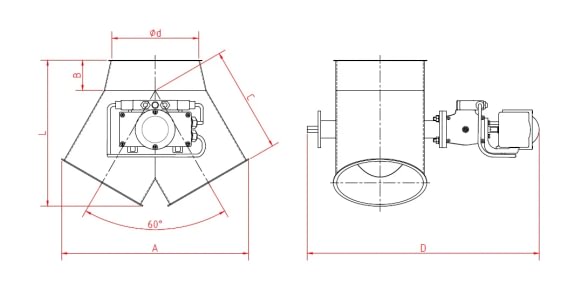 Skirstytuvas dviejų krypčių simetrinis pneumatinis d150mm/3mm, 60°, dažytas