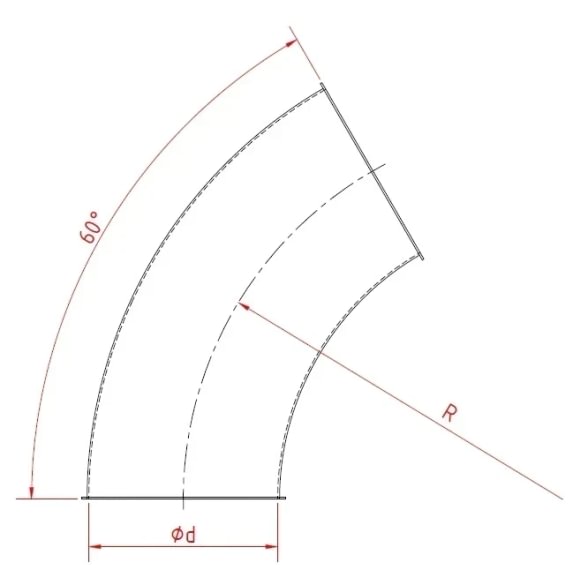 Alkūnė d100mm/1,5mm/60°, R=2D, nerūdijančio plieno