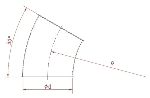 Alkūnė d100mm/1,5mm/30°, R=2D, nerūdijančio plieno