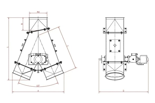 Skirstytuvas dviejų krypčių simetrinis pneumatinis d350/2mm, 45°, nerūdijančio plieno