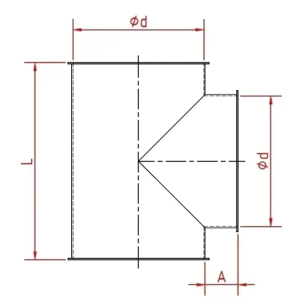 Trišakis T tipo d100/100/100/1,5mm, 90°, nerūdijančio plieno