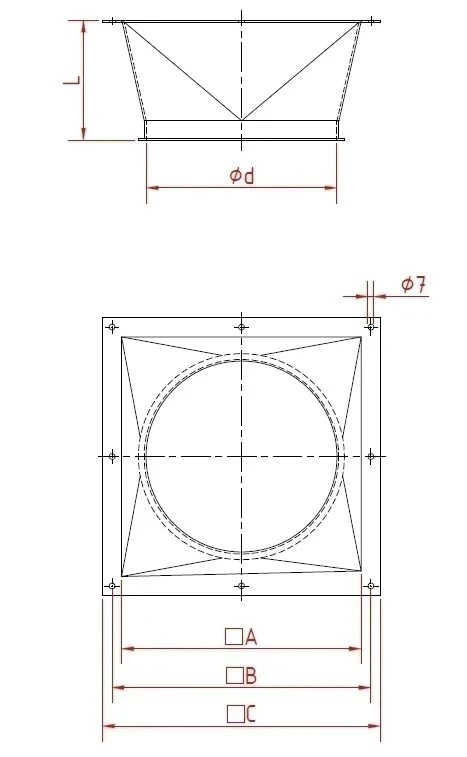 Perėjimas iš kvadrato į apvalų d100/2mm, cinkuotas