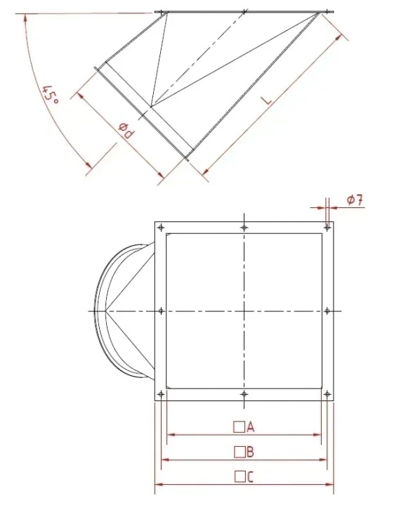 Perėjimas iš kvadrato į apvalų d100/2mm, 45°, cinkuotas