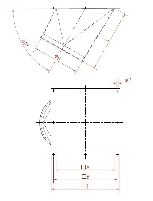 Perėjimas iš kvadrato į apvalų d100/2mm, 60°, cinkuotas