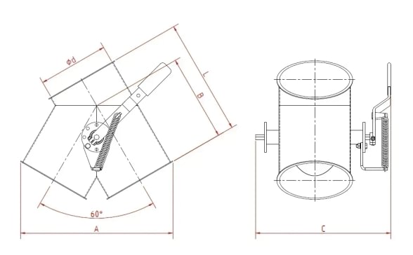 Skirstytuvas dviejų krypčių asimetrinis rankinis d120mm/2mm, 60°, cinkuotas