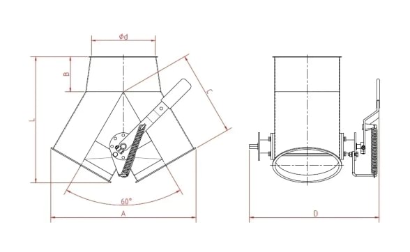 Skirstytuvas dviejų krypčių simetrinis rankinis d120mm/2mm, 60°, cinkuotas