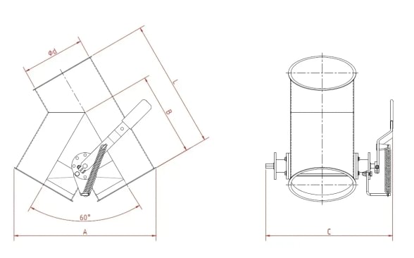 Skirstytuvas dviejų krypčių asimetrinis rankinis d100/2mm, 45°, cinkuotas