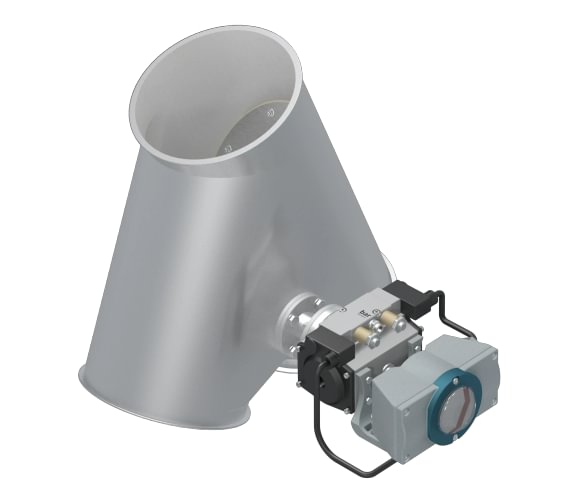 Skirstytuvas dviejų krypčių asimetrinis pneumatinis d150/2mm, 45°, nerūdijančio plieno