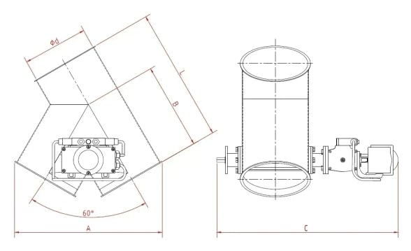 Skirstytuvas dviejų krypčių asimetrinis pneumatinis d150/2mm, 45°, nerūdijančio plieno