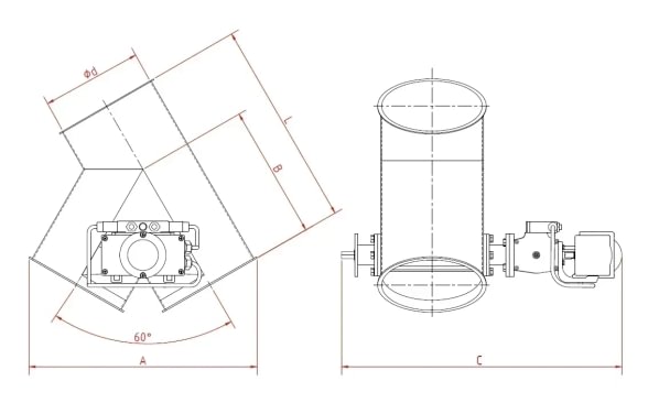Skirstytuvas dviejų krypčių asimetrinis pneumatinis d175/2mm, 45°, dažytas