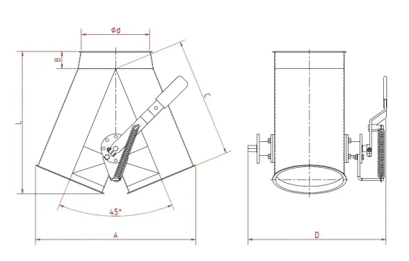 Skirstytuvas dviejų krypčių simetrinis rankinis d100/2mm, 45°, cinkuotas