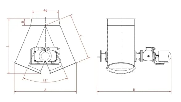 Skirstytuvas dviejų krypčių simetrinis pneumatinis d150/3mm, 45°, dažytas
