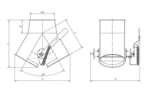 Skirstytuvas dviejų krypčių simetrinis rankinis d100/2mm, 45°, nerūdijančio plieno