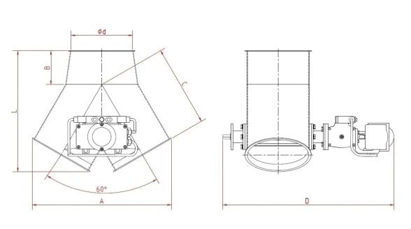 Skirstytuvas dviejų krypčių simetrinis pneumatinis d100/2mm, 45°, nerūdijančio plieno