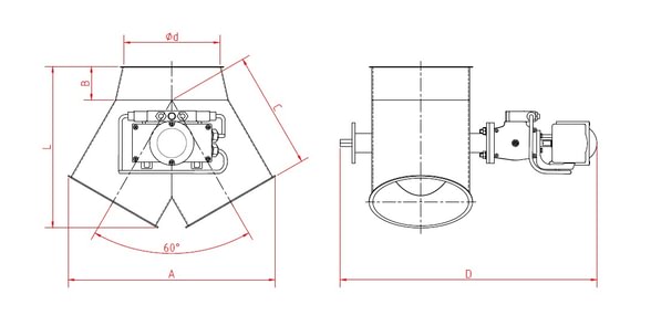 Skirstytuvas dviejų krypčių simetrinis pneumatinis d120mm/2mm, 60°, dažytas
