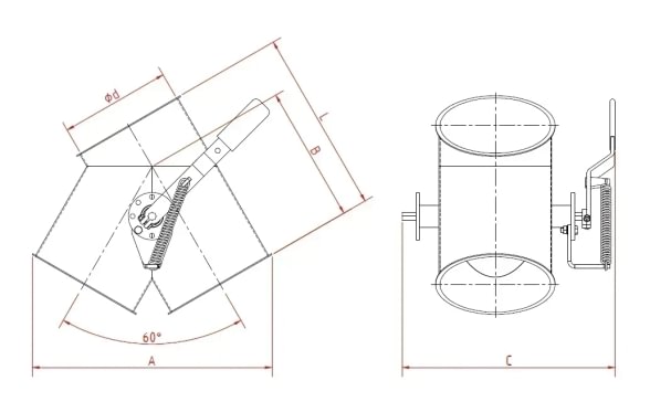 Skirstytuvas dviejų krypčių asimetrinis rankinis d150mm/2mm, 60°, dažytas
