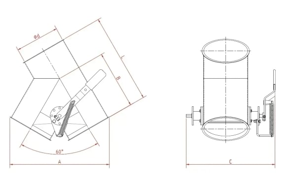 Skirstytuvas dviejų krypčių asimetrinis rankinis d150/2mm, 45°, dažytas