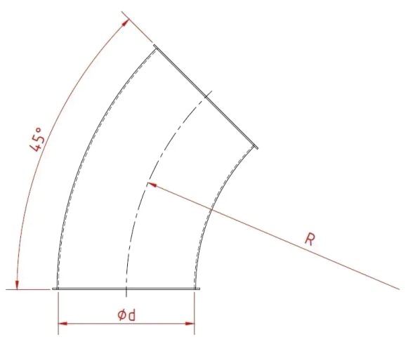 Alkūnė d100mm/1,5mm/45°, R=2D, cinkuota