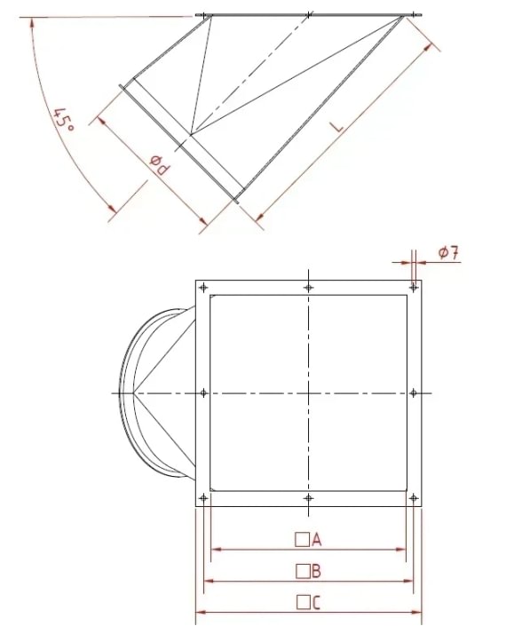 Perėjimas iš kvadrato į apvalų d150/2mm, 45°, dažytas