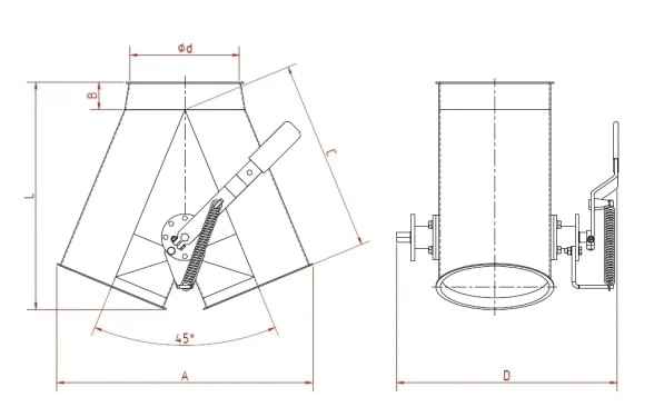 Skirstytuvas dviejų krypčių simetrinis rankinis d100/2mm, 45°, nerūdijančio plieno
