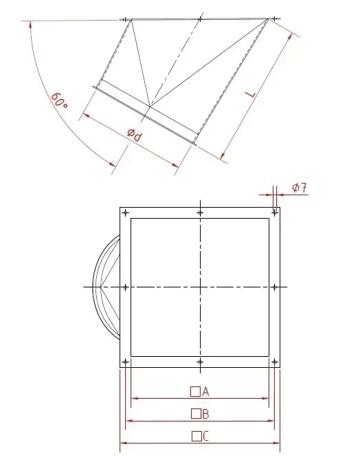 Perėjimas iš kvadrato į apvalų d100/1,5mm, 60°, dažytas