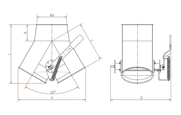 Skirstytuvas dviejų krypčių simetrinis rankinis d120/2mm, 45°, nerūdijančio plieno