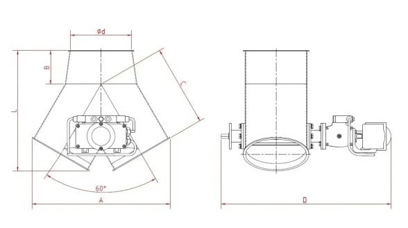 Skirstytuvas dviejų krypčių simetrinis pneumatinis d175/2mm, 45°, dažytas