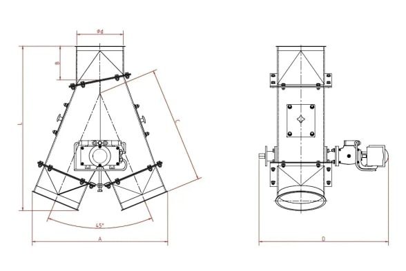 Skirstytuvas dviejų krypčių simetrinis pneumatinis d150/2mm, 45°, nerūdijančio plieno